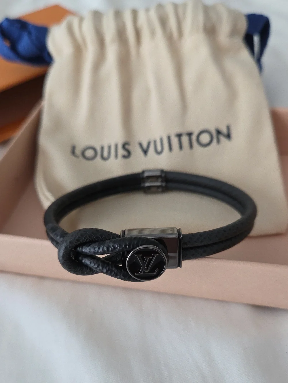 Louis Vuitton Men’s Black Leather LV Bracelet New Unused